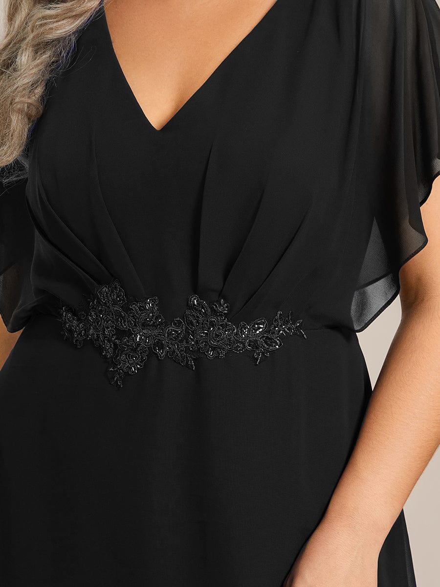 Plus Size V-Neck Chiffon Bat-Wing Sleeve A-Line Waist Applique Formal Dress