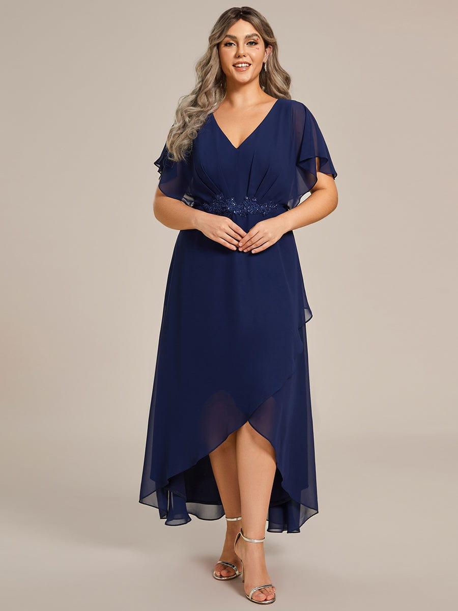 Plus Size V-Neck Chiffon Bat-Wing Sleeve A-Line Waist Applique Formal Dress #color_Navy Blue