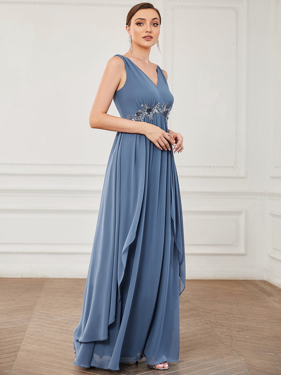 Chiffon Sleeveless Sequin Waist Layered Floor-Length Evening Dres #color_Dusty Navy Chiffon Sleeveless Sequin Waist Layered Floor-Length Evening Dress
