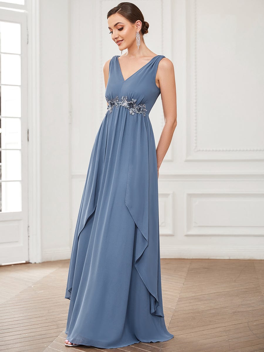 Chiffon Sleeveless Sequin Waist Layered Floor-Length Evening Dres #color_Dusty Navy Chiffon Sleeveless Sequin Waist Layered Floor-Length Evening Dress