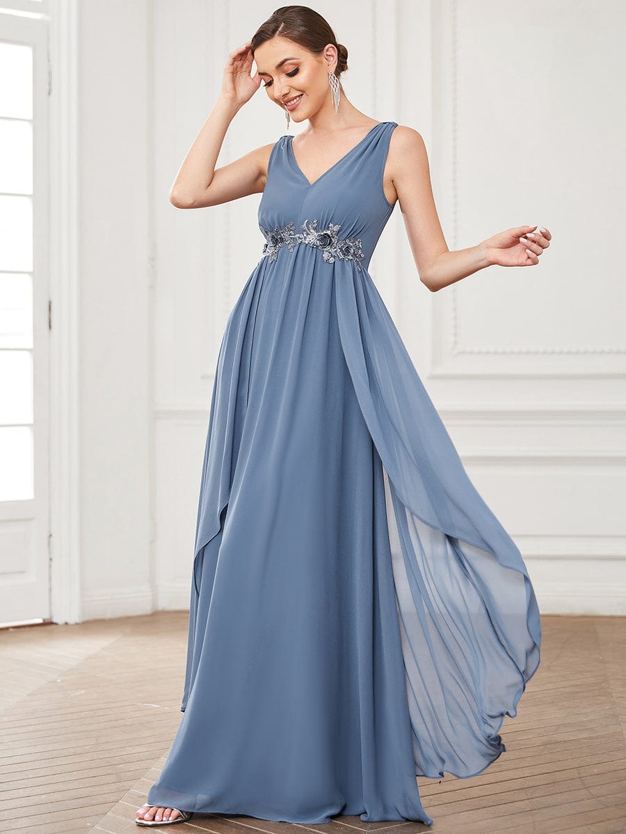 Chiffon Sleeveless Sequin Waist Layered Floor-Length Evening Dres #color_Dusty Navy Chiffon Sleeveless Sequin Waist Layered Floor-Length Evening Dress