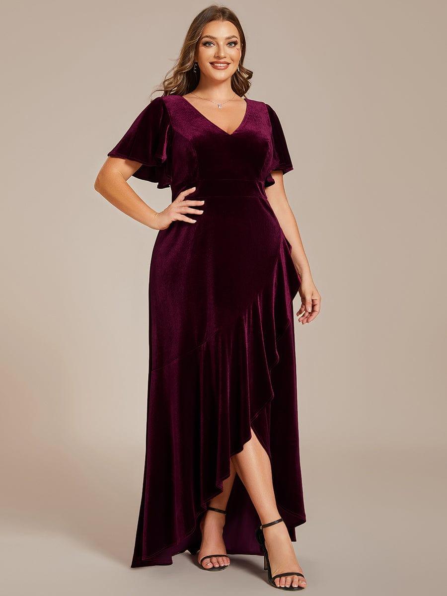 Plus Size Lotus Leaf Hem A-Line V-Neck Ruffles Sleeve Velvet Evening Dress #color_Burgundy