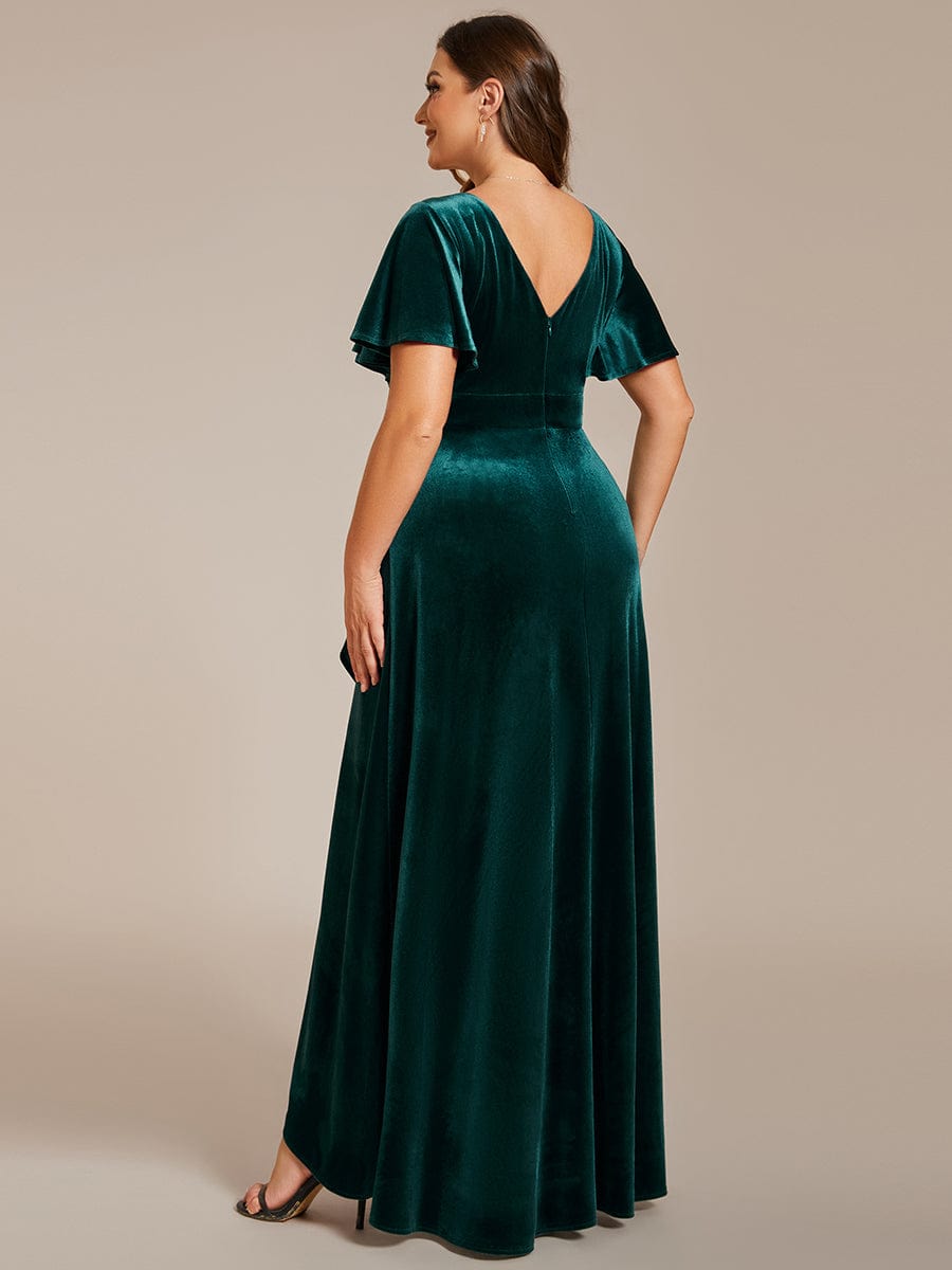 Plus Size Lotus Leaf Hem A-Line V-Neck Ruffles Sleeve Velvet Evening Dress #color_Dark Green