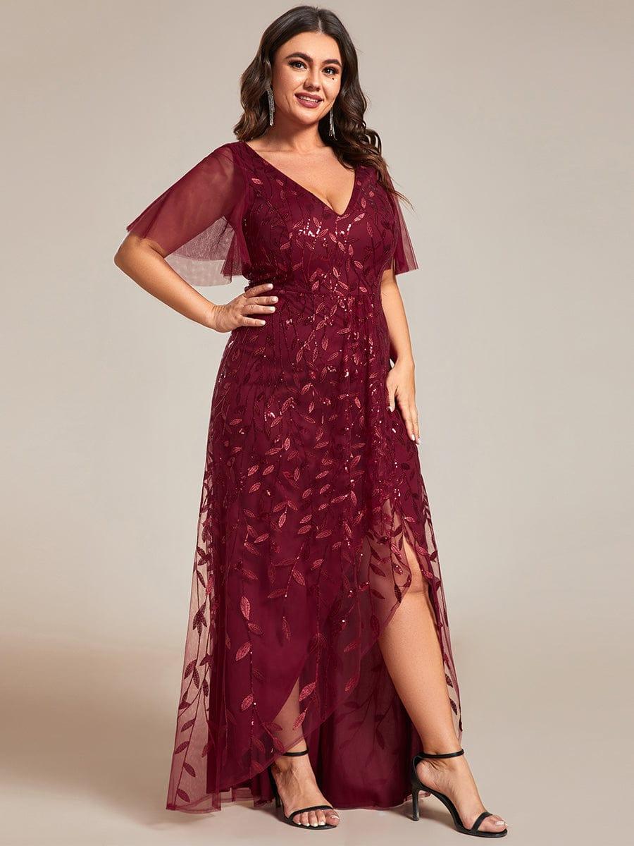 Plus Size Short Sleeves Sequin High Low V-Neck Midi Formal Evening Dress #color_Burgundy