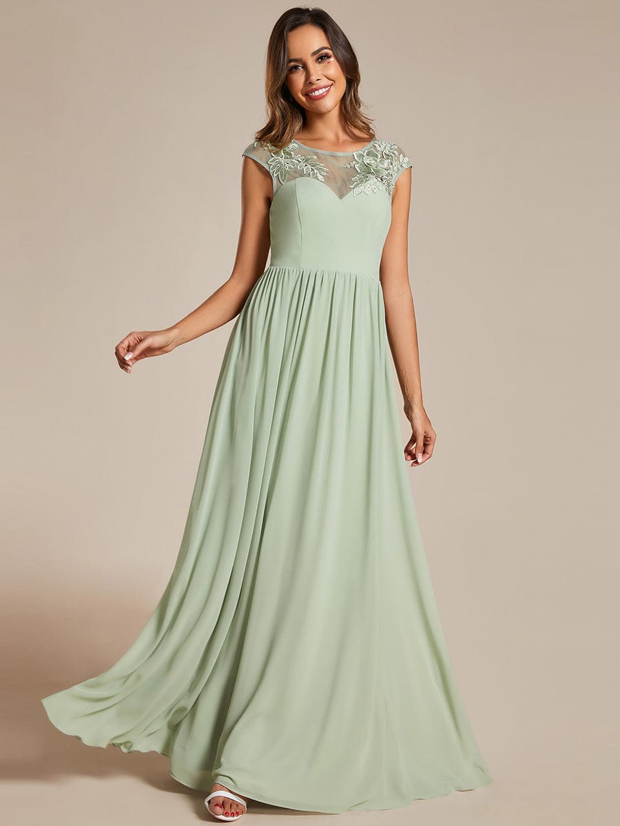 Shoulder Applique Round Neckline A-Line Formal Evening Dress featuring Cap Sleeves #color_Mint Green