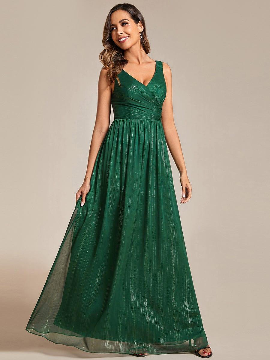 Floor Length V-Neck Sleeveless Glitter A-Line Evening Formal Dress #color_Dark Green