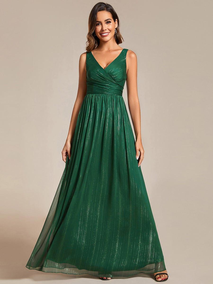 Floor Length V-Neck Sleeveless Glitter A-Line Evening Formal Dress #color_Dark Green