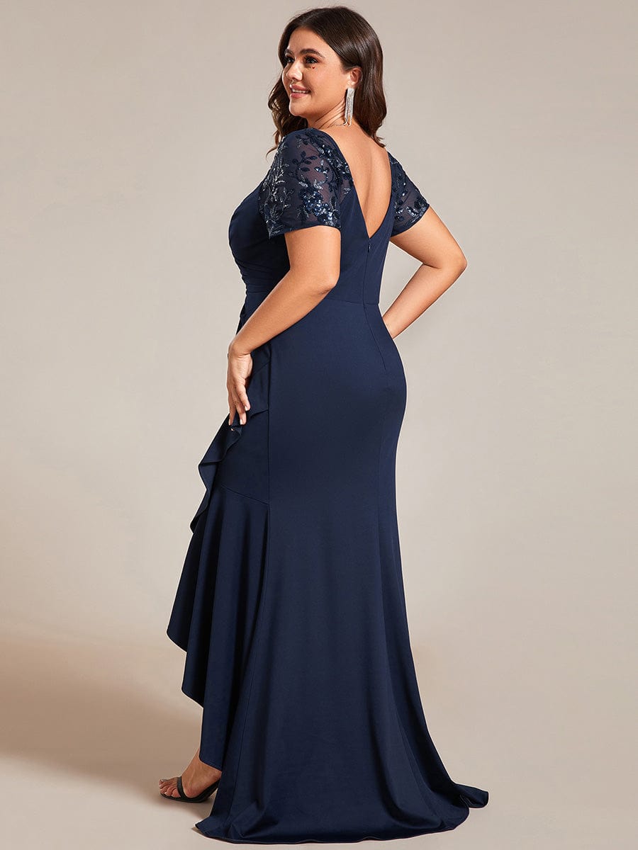 Plus Size High-Low V-Neck Bodycon Fishtail Formal Evening Dress #color_Navy Blue