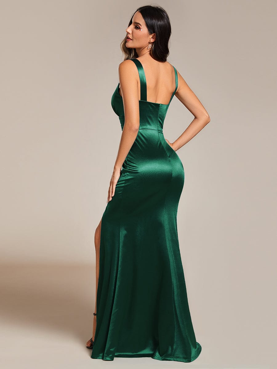 V-Neck Satin Spaghetti Strap High-Slit Fishtail Evening Dresses #color_Dark Green