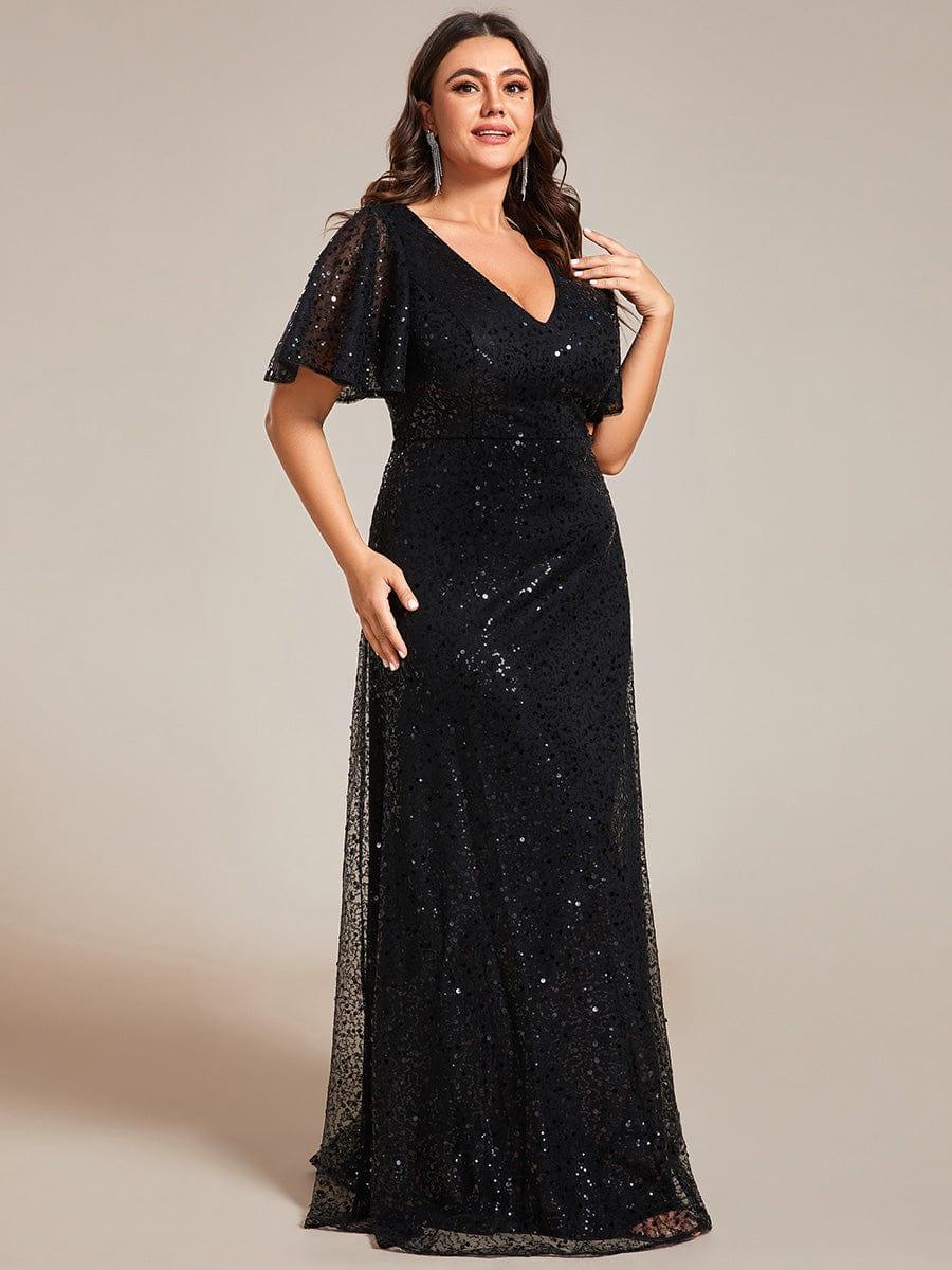 Plus Size See-Through Short Sleeves Maxi Sequin Formal Evening Dress #color_Black