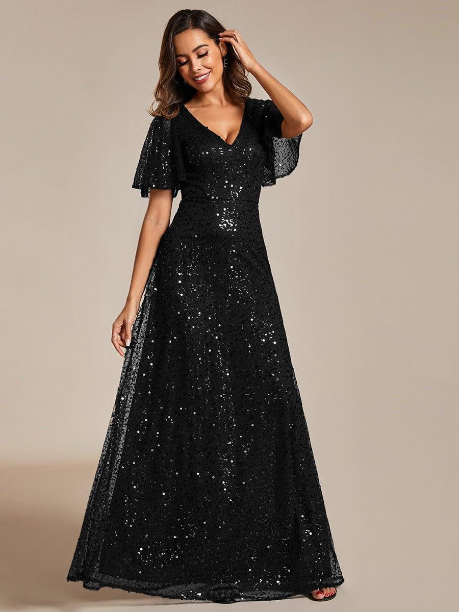 Shimmering All Over Sequin Short Sleeves A-Line Formal Evening Dress #color_Black