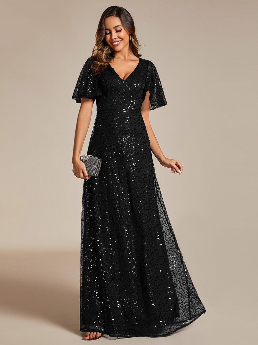 Shimmering All Over Sequin Short Sleeves A-Line Formal Evening Dress #color_Black