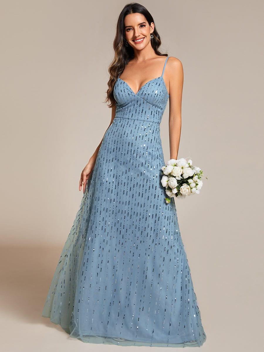 Paillette Spaghetti Straps Formal Evening Dress with Deep V-neck #color_Light Blue