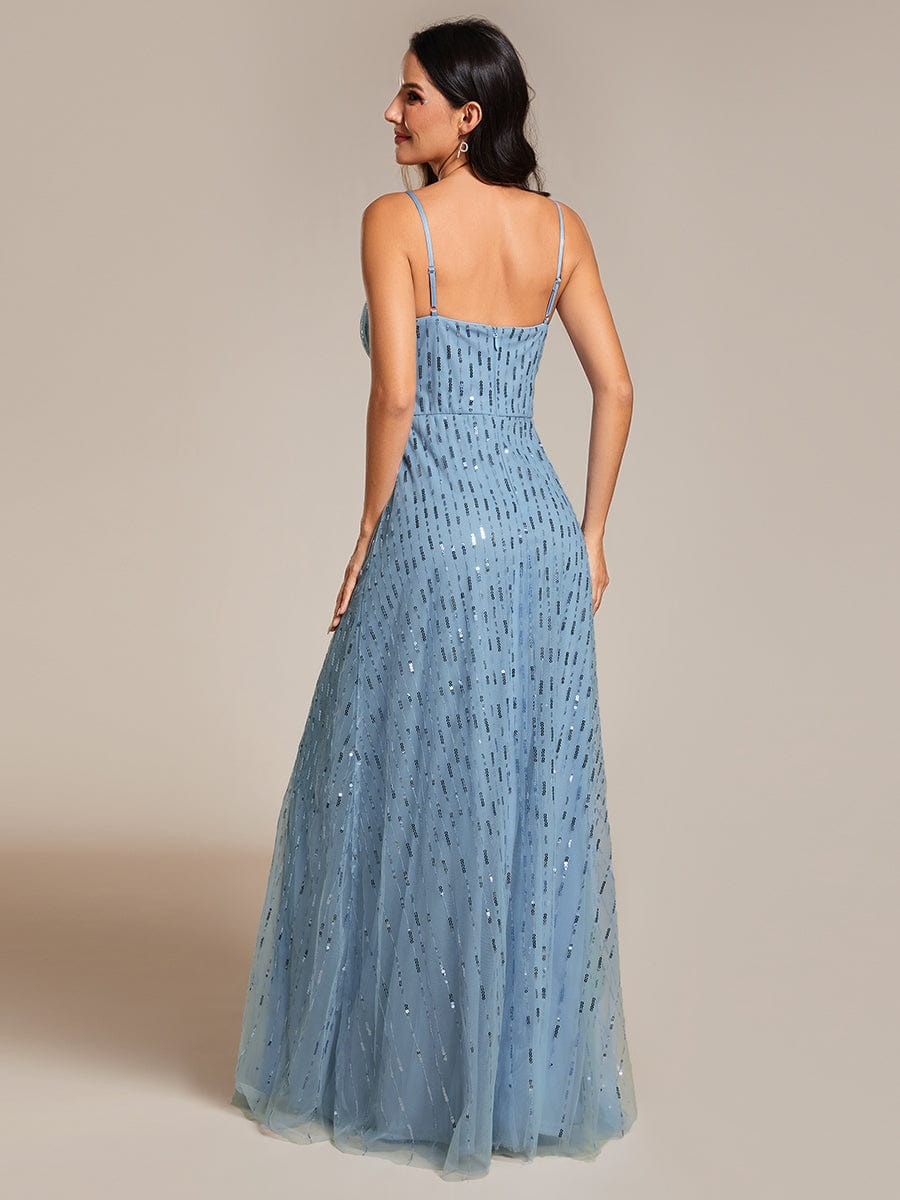 Paillette Spaghetti Straps Formal Evening Dress with Deep V-neck #color_Light Blue