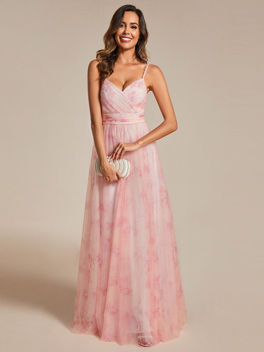Floral Printed Empire Waist Spaghetti Strap Formal Evening Dress with V-Neck #color_Pink