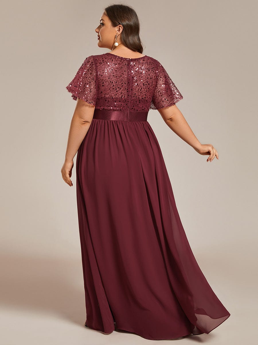 Plus Size Round-Neck Sequin High Waist Short-Sleeved Formal Evening Dress #color_Burgundy