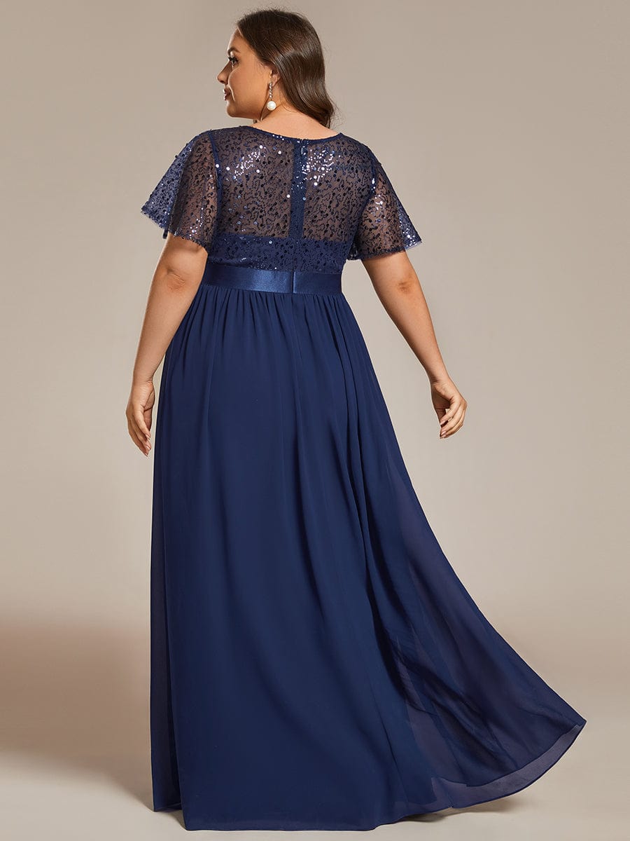 Plus Size Round-Neck Sequin High Waist Short-Sleeved Formal Evening Dress
