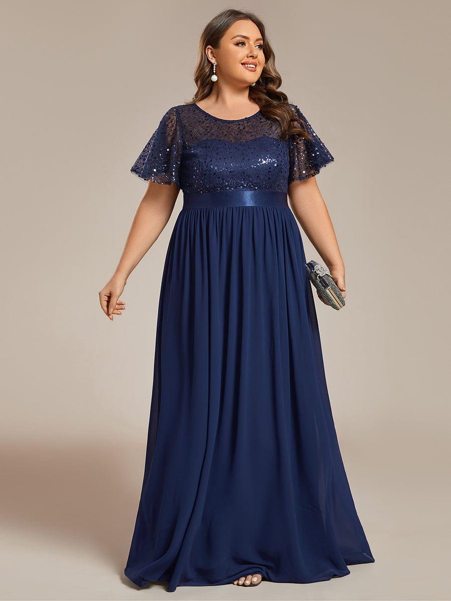 Plus Size Round-Neck Sequin High Waist Short-Sleeved Formal Evening Dress #color_Navy Blue
