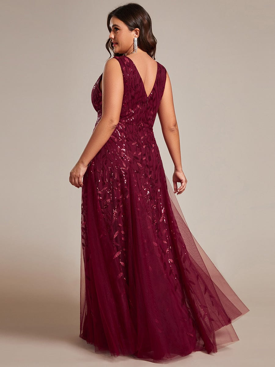 Plus Size Sparkling Sleeveless Leaf Sequin A-Line Formal Evening Dress #color_Burgundy