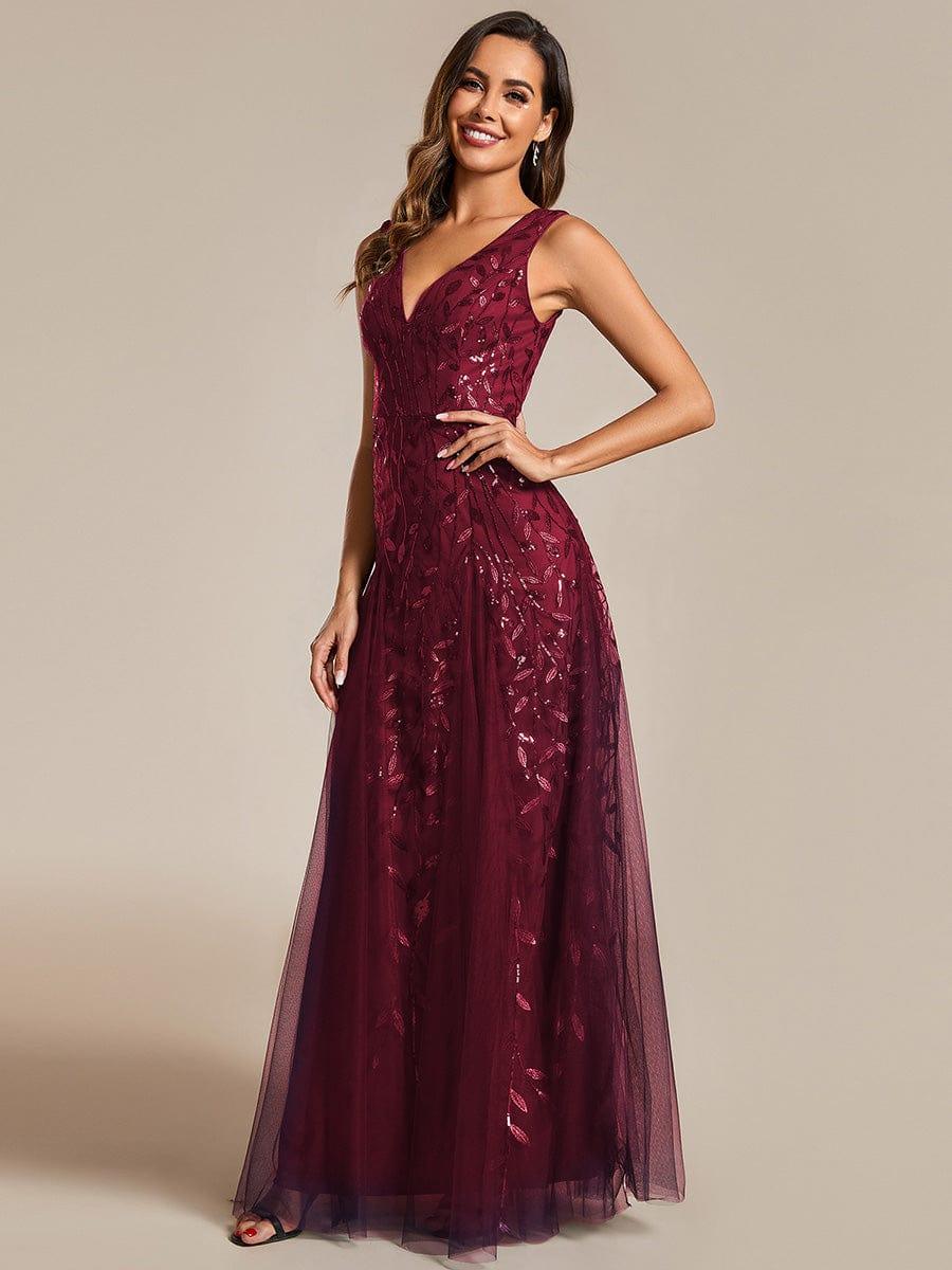 V-Neck Leaf Sequin Sleeveless A-Line Formal Evening Dress with Tulle #color_Burgundy