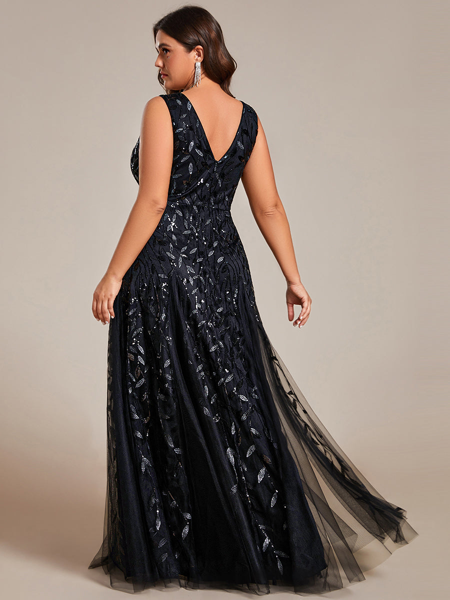V-Neck Leaf Sequin Sleeveless A-Line Formal Evening Dress with Tulle #color_Black