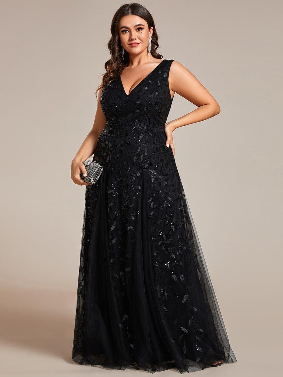 Plus Size Sparkling Sleeveless Leaf Sequin A-Line Formal Evening Dress #color_Black