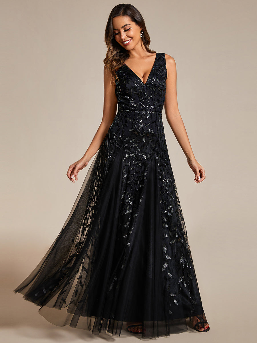 V-Neck Leaf Sequin Sleeveless A-Line Formal Evening Dress with Tulle #color_Black