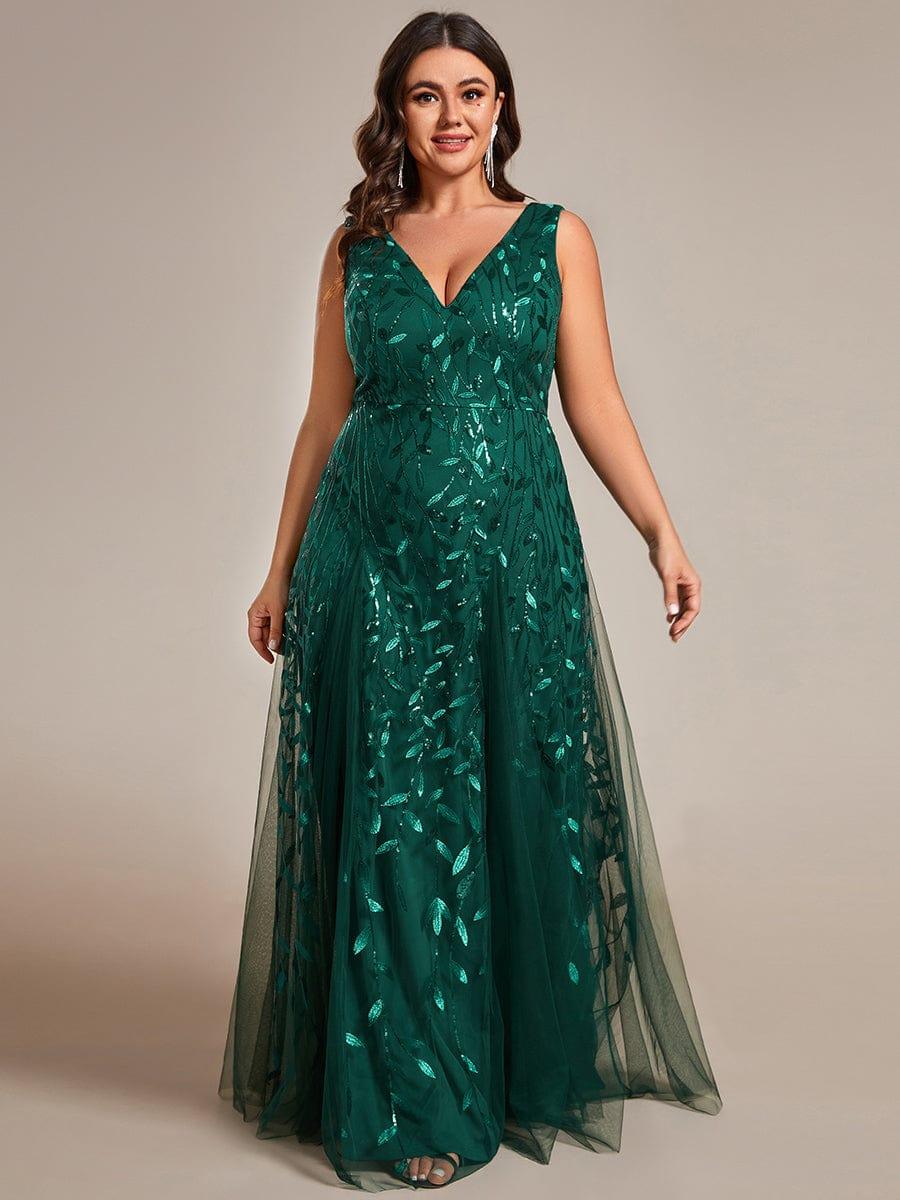 Plus Size Sparkling Sleeveless Leaf Sequin A-Line Formal Evening Dress #color_Dark Green