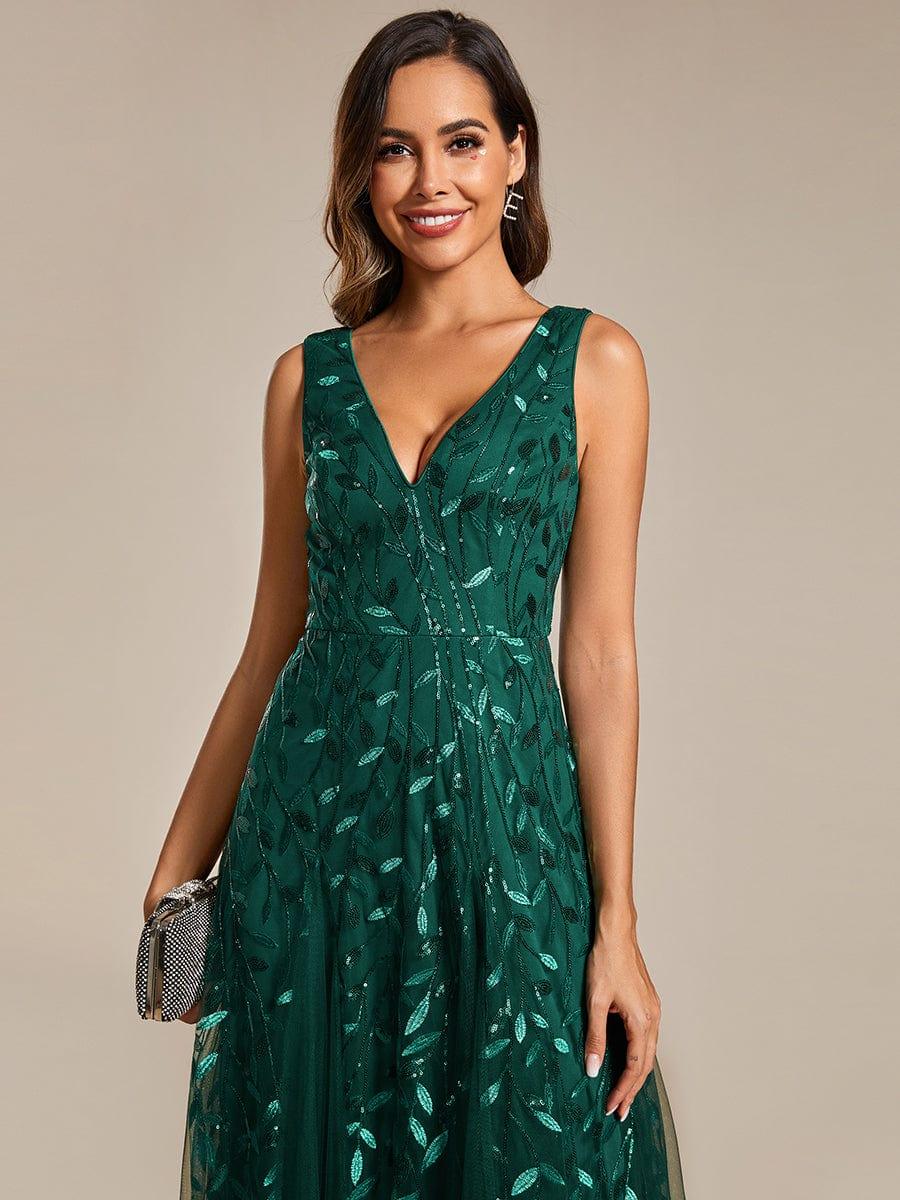 V-Neck Leaf Sequin Sleeveless A-Line Formal Evening Dress with Tulle #color_Dark Green