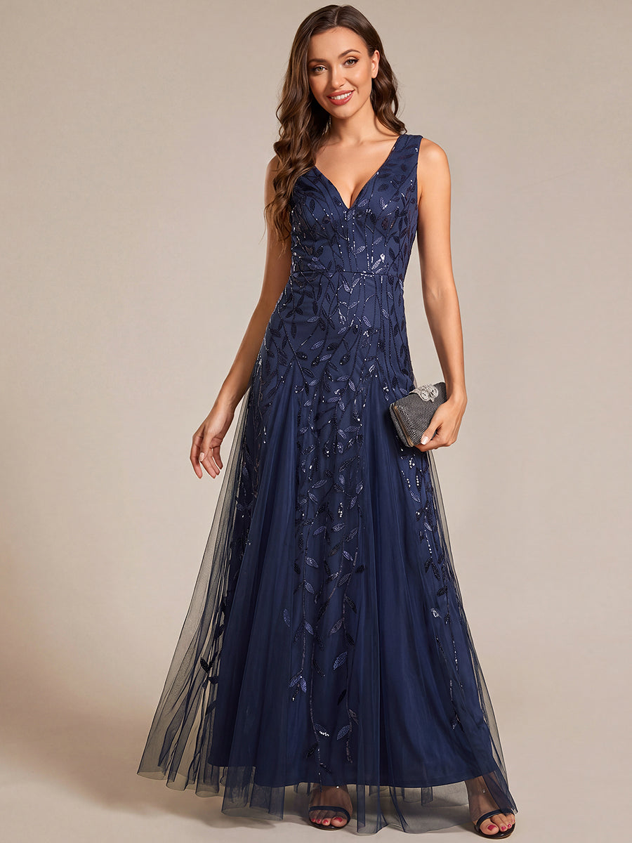 V-Neck Leaf Sequin Sleeveless A-Line Formal Evening Dress with Tulle #color_Navy Blue