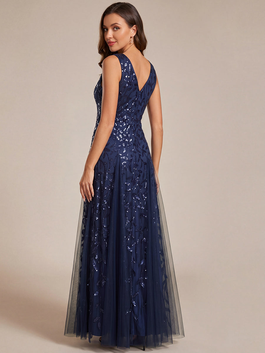 V-Neck Leaf Sequin Sleeveless A-Line Formal Evening Dress with Tulle #color_Navy Blue