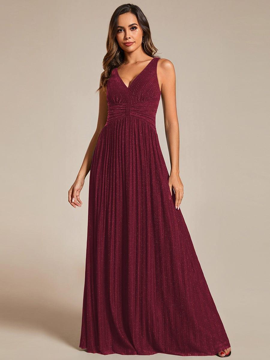 Glittery Sleeveless Pleated Empire Waist A-Line Formal Evening Dress #color_Burgundy