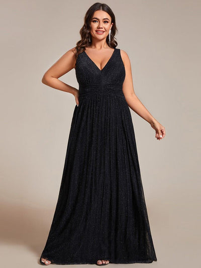 Plus Size Sleeveless V-Neck Pleated A-Line Formal Evening Dress #color_Black
