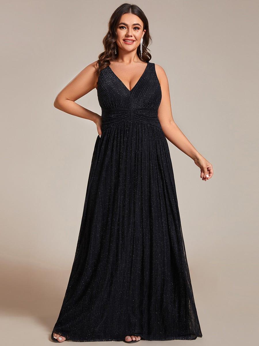 Plus Size Sleeveless V-Neck Pleated A-Line Formal Evening Dress #color_Black