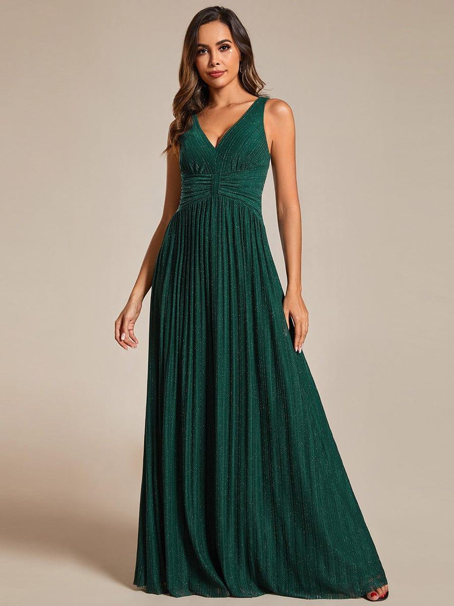 Glittery Sleeveless Pleated Empire Waist A-Line Formal Evening Dress #color_Dark Green