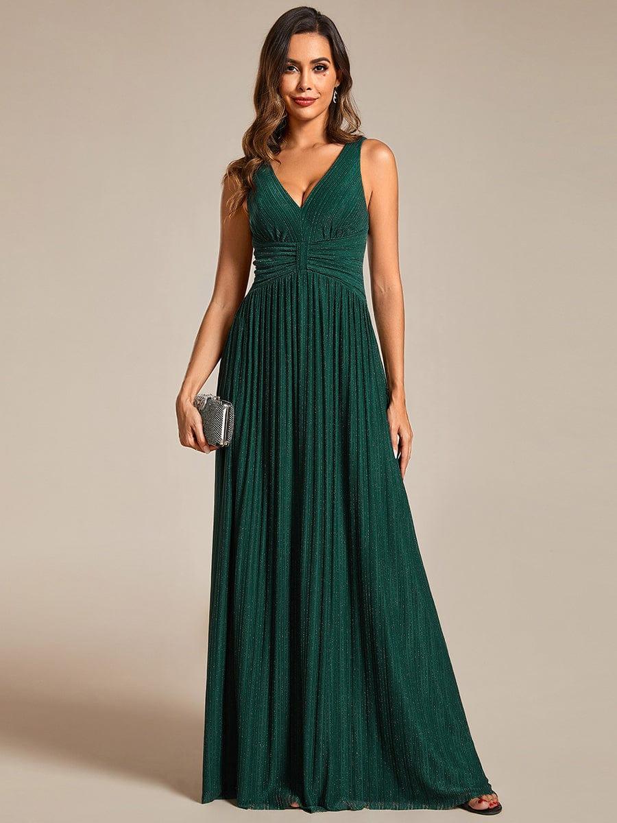 Glittery Sleeveless Pleated Empire Waist A-Line Formal Evening Dress #color_Dark Green