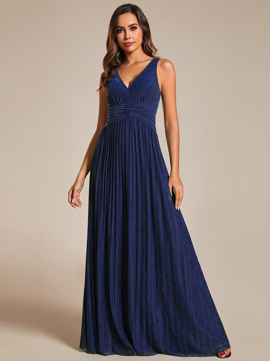 Glittery Sleeveless Pleated Empire Waist A-Line Formal Evening Dress #color_Navy Blue