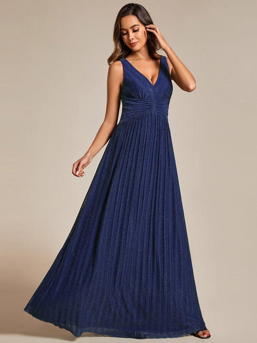 Glittery Sleeveless Pleated Empire Waist A-Line Formal Evening Dress #color_Navy Blue