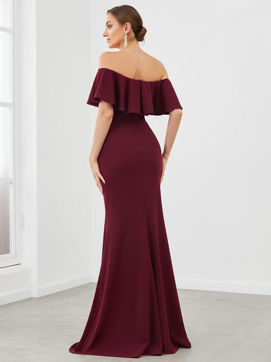 Strapless Fold-Over Ruffle Bodycon Floor-Length Evening Dress #color_Burgundy Strapless Fold-Over Ruffle Bodycon Floor-Length Evening Dress