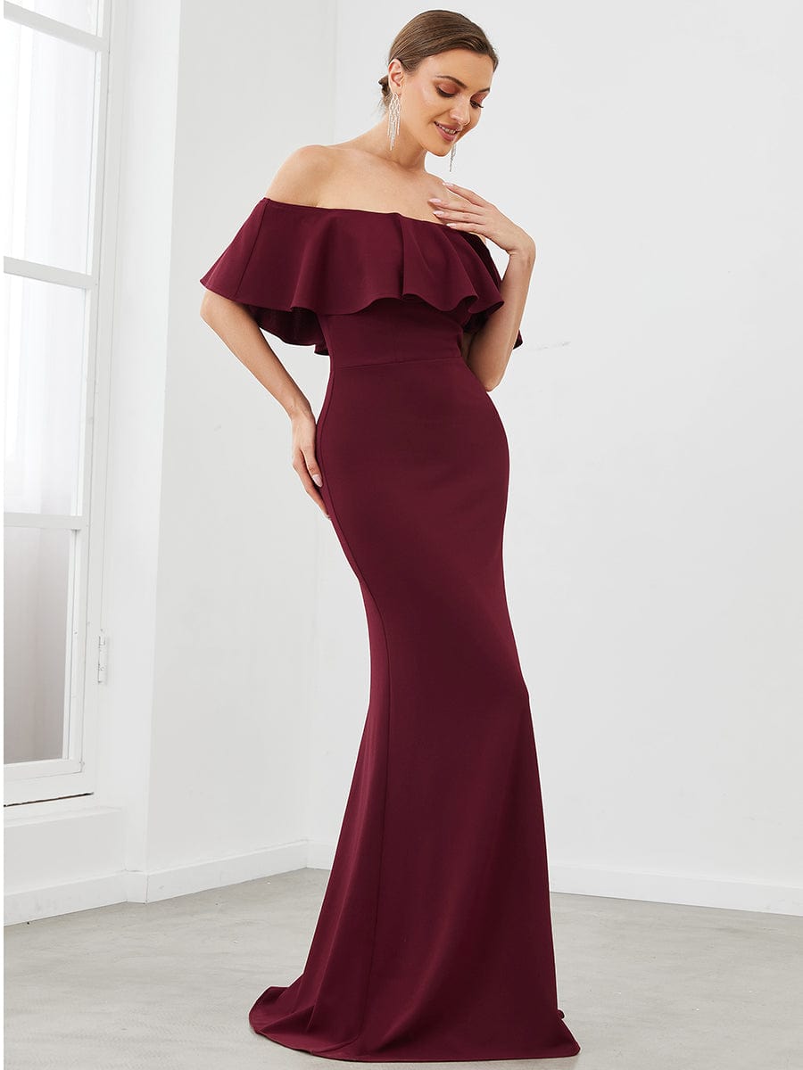 Strapless Fold-Over Ruffle Bodycon Floor-Length Evening Dress #color_Burgundy Strapless Fold-Over Ruffle Bodycon Floor-Length Evening Dress