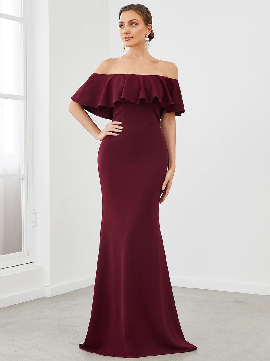 Strapless Fold-Over Ruffle Bodycon Floor-Length Evening Dress #color_Burgundy Strapless Fold-Over Ruffle Bodycon Floor-Length Evening Dress