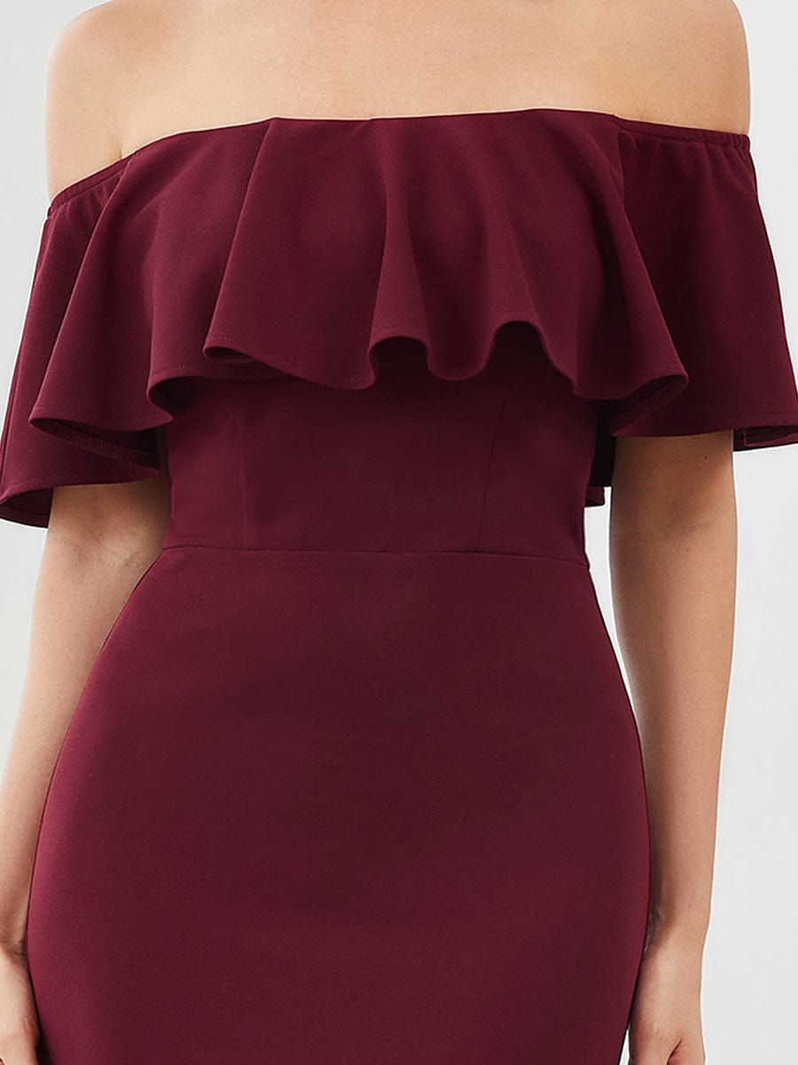 Strapless Fold-Over Ruffle Bodycon Floor-Length Evening Dress #color_Burgundy Strapless Fold-Over Ruffle Bodycon Floor-Length Evening Dress
