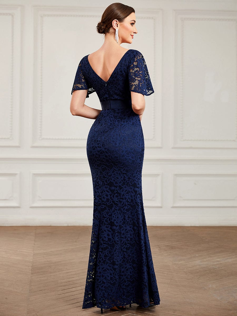 Ribbon Waist V-Neck Short Sleeve Lace Bodycon Fishtail Evening Dress #color_Navy Blue Ribbon Waist V-Neck Short Sleeve Lace Bodycon Fishtail Evening Dress