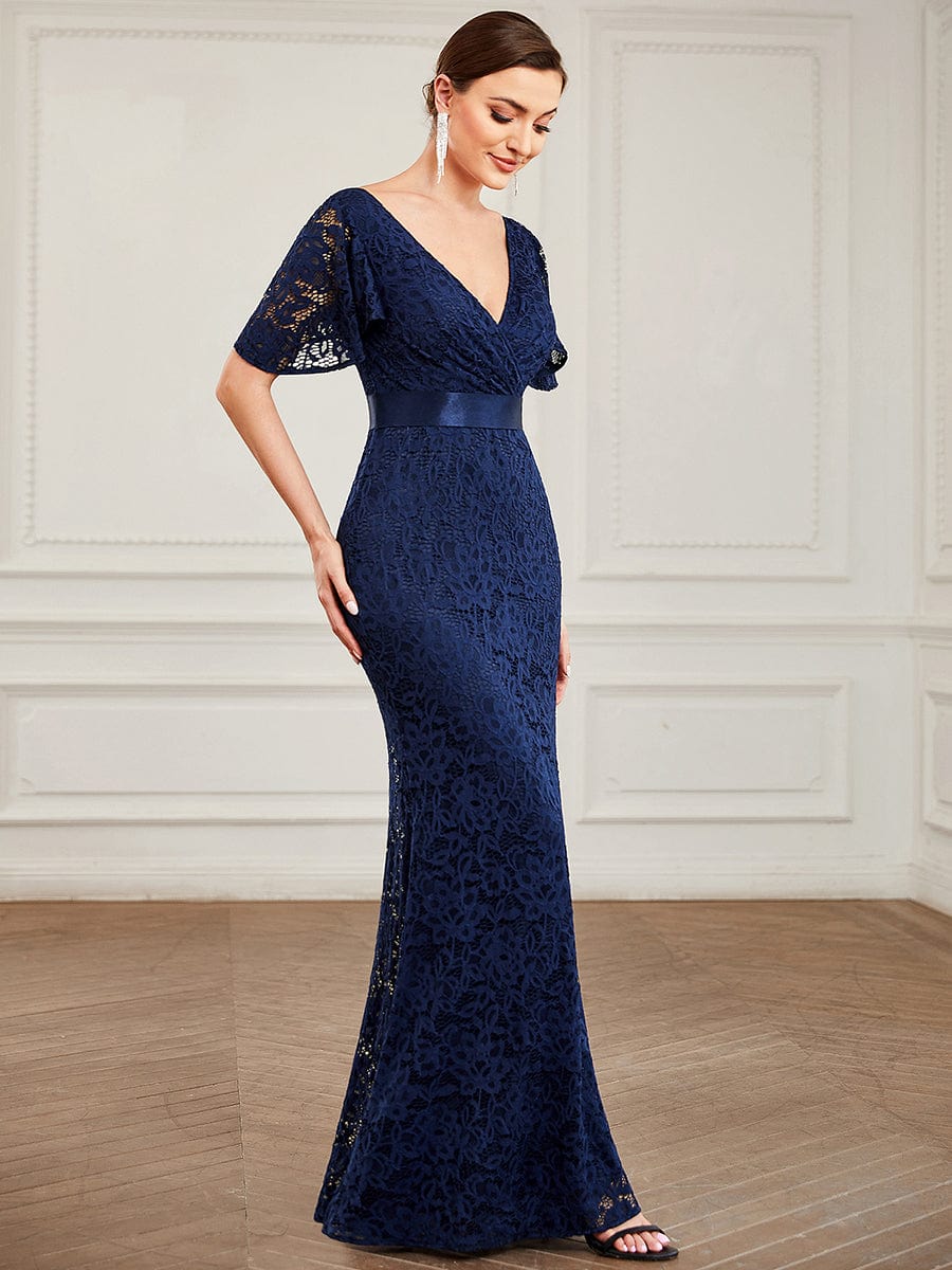 Ribbon Waist V-Neck Short Sleeve Lace Bodycon Fishtail Evening Dress #color_Navy Blue Ribbon Waist V-Neck Short Sleeve Lace Bodycon Fishtail Evening Dress
