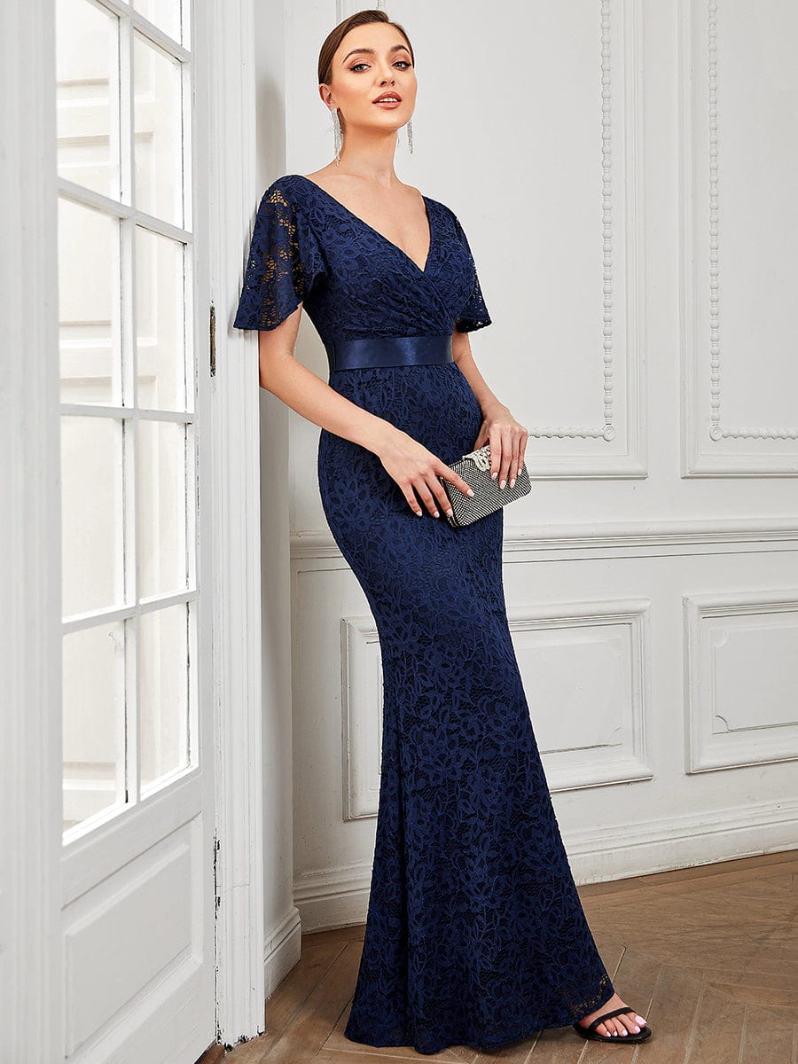 Ribbon Waist V-Neck Short Sleeve Lace Bodycon Fishtail Evening Dress #color_Navy Blue Ribbon Waist V-Neck Short Sleeve Lace Bodycon Fishtail Evening Dress