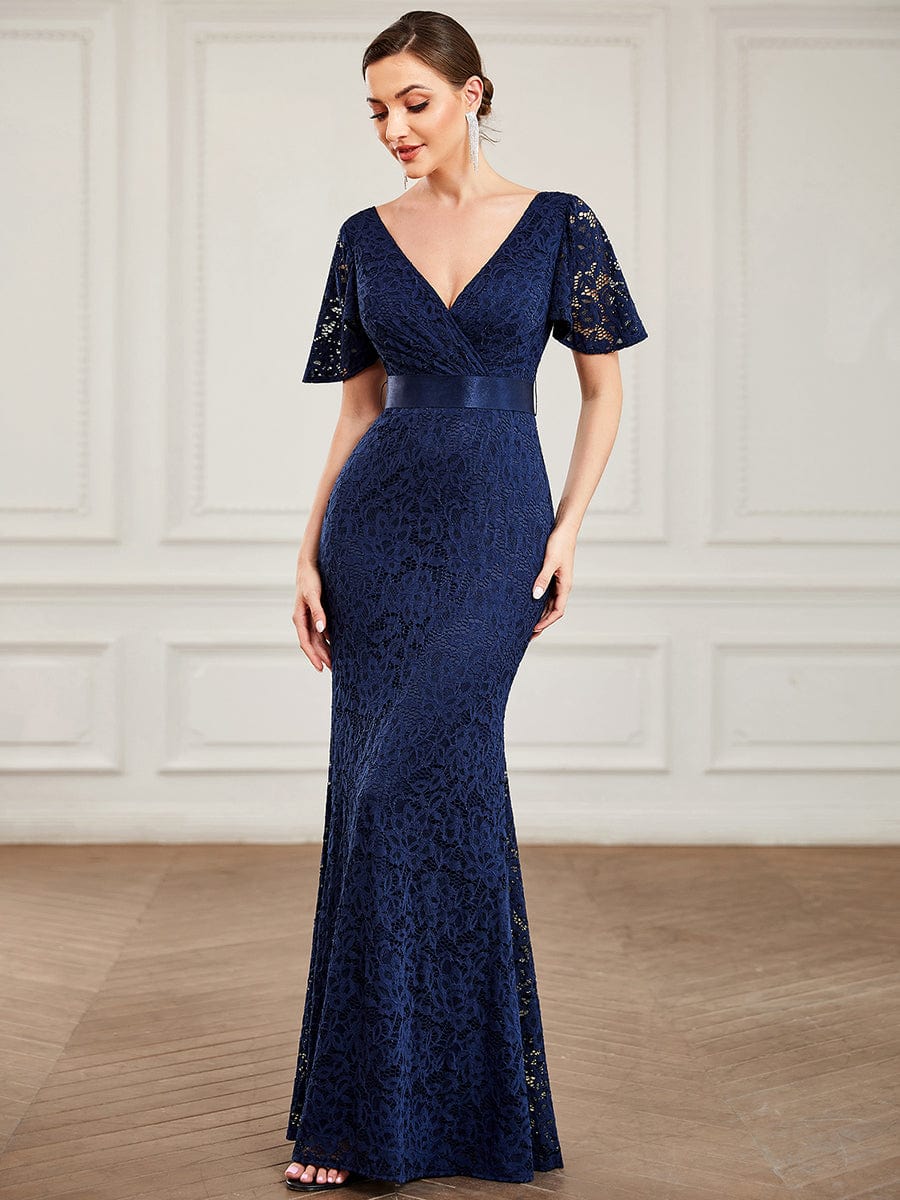 Ribbon Waist V-Neck Short Sleeve Lace Bodycon Fishtail Evening Dress #color_Navy Blue Ribbon Waist V-Neck Short Sleeve Lace Bodycon Fishtail Evening Dress