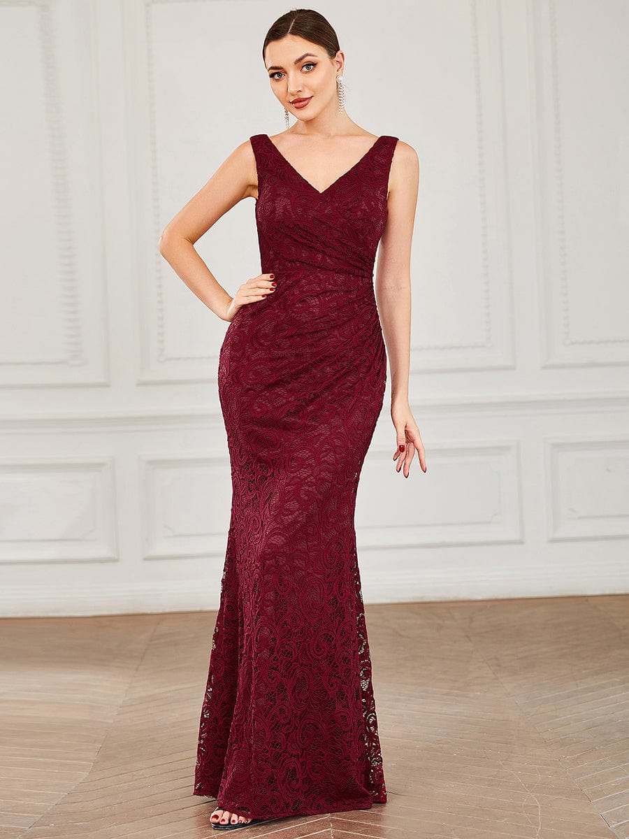 Pleated Lace Bodycon Sleeveless Floor-Length Formal Evening Dress