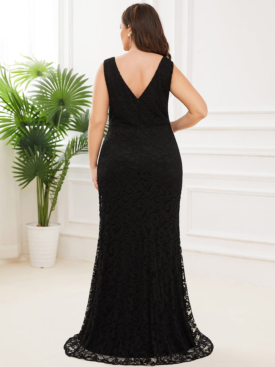 Plus Size Pleated Lace Bodycon Sleeveless Floor-Length Evening Dress #color_Burgundy Plus Size Pleated Lace Bodycon Sleeveless Floor-Length Formal Evening Dress