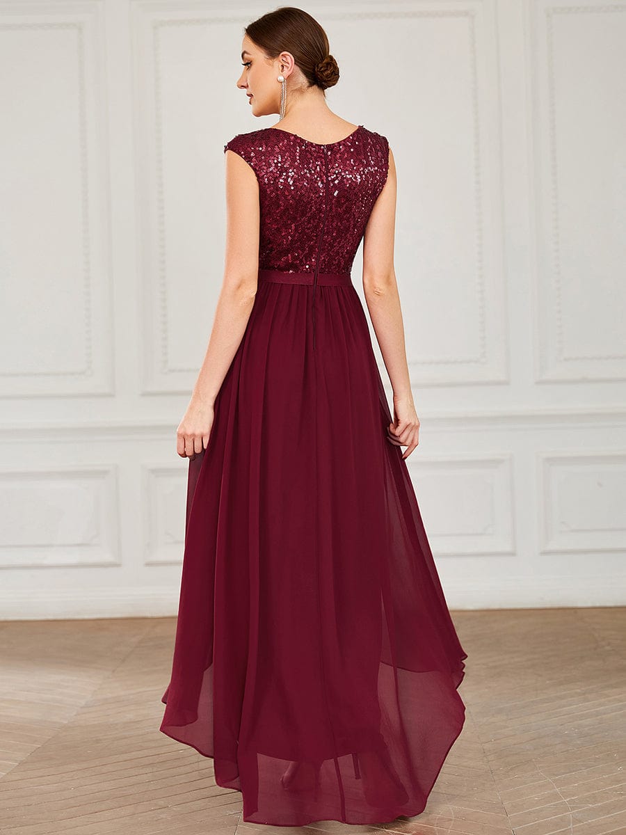 Chiffon Ribbon Waist Sleeveless Sequin High Low Evening Dress #color_Burgundy Chiffon Ribbon Waist Sleeveless Sequin High Low Evening Dress
