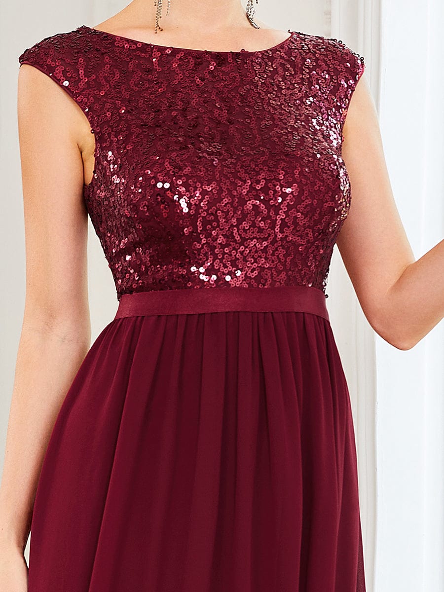 Chiffon Ribbon Waist Sleeveless Sequin High Low Evening Dress #color_Burgundy Chiffon Ribbon Waist Sleeveless Sequin High Low Evening Dress